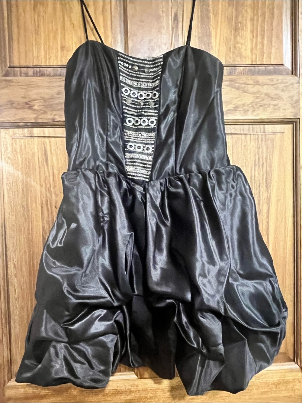 Jessica McClintock Gunne Sax Y2K Black Satin Sz 9 Bubble Dress Metallic Accents